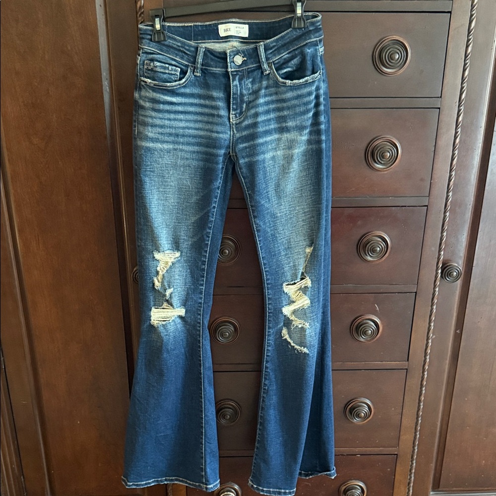 Buckle Dark Blue Distressed Flare Jeans